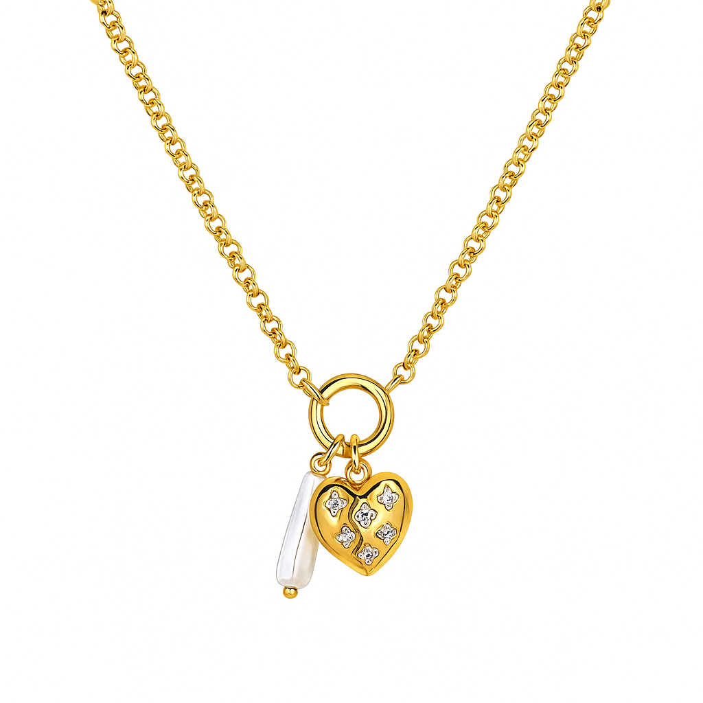 Jevaya Elegant 18K Gold Plated Heart Pendant Necklace with Pearl Charm – Anti-Tarnish Finish