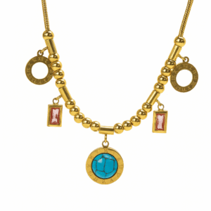 Jevaya 18K Gold Plated Charm Necklace with Turquoise Pendant