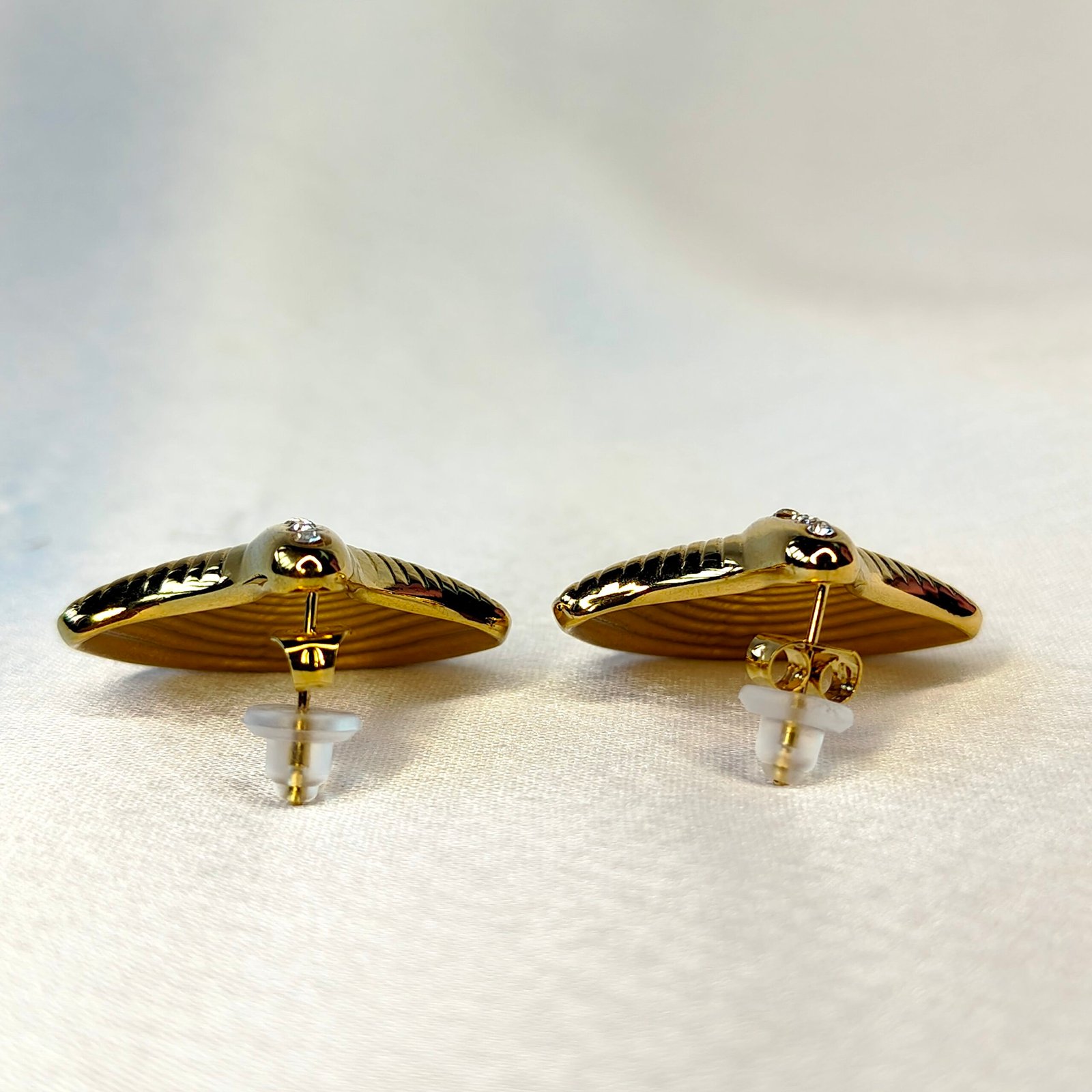 Gold-Tone Fan Shaped Stud Earrings for Women with Rhinestone Accents-back