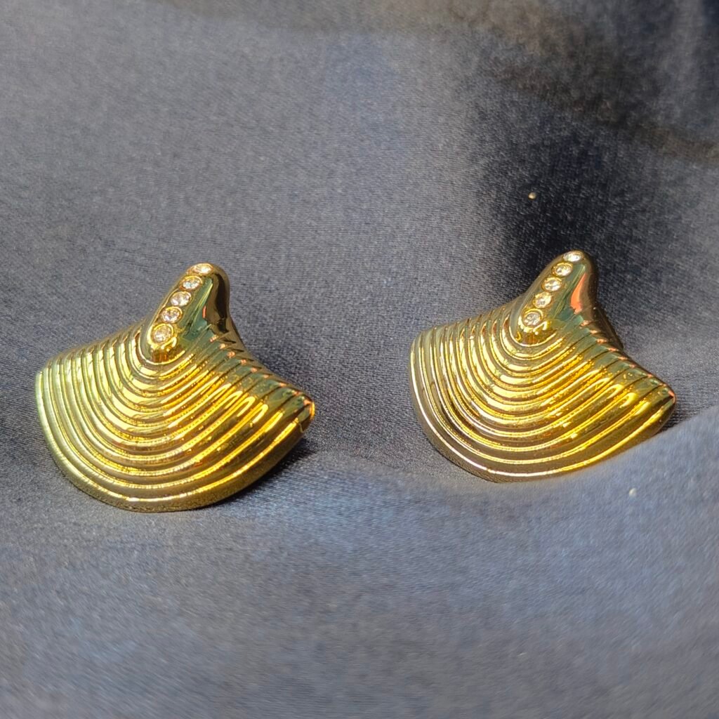 Gold-Tone Fan Shaped Stud Earrings for Women with Rhinestone Accents-front