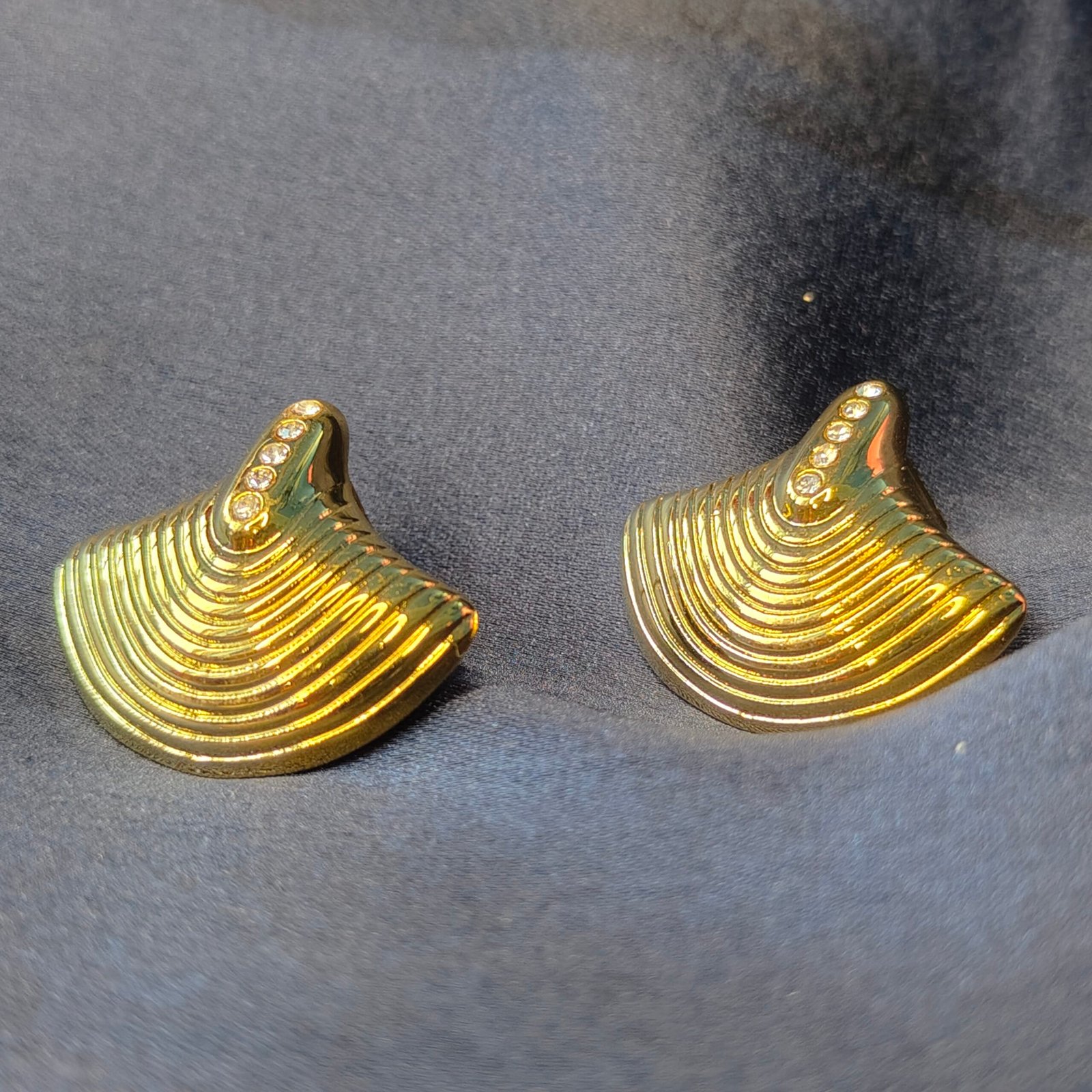 Gold-Tone Fan Shaped Stud Earrings for Women with Rhinestone Accents-front