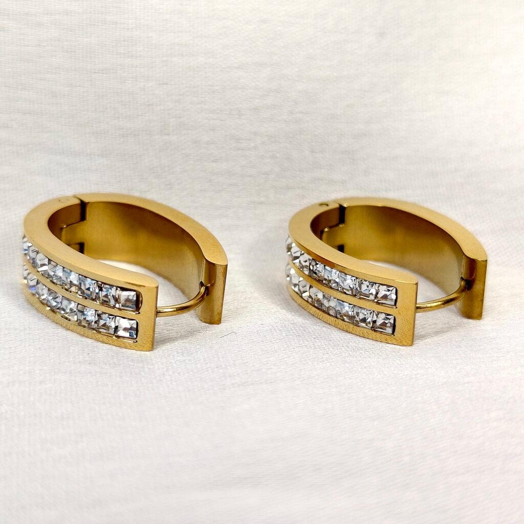 Gold-Tone Stainless Steel Hoop Earrings with Double Row Crystals-back