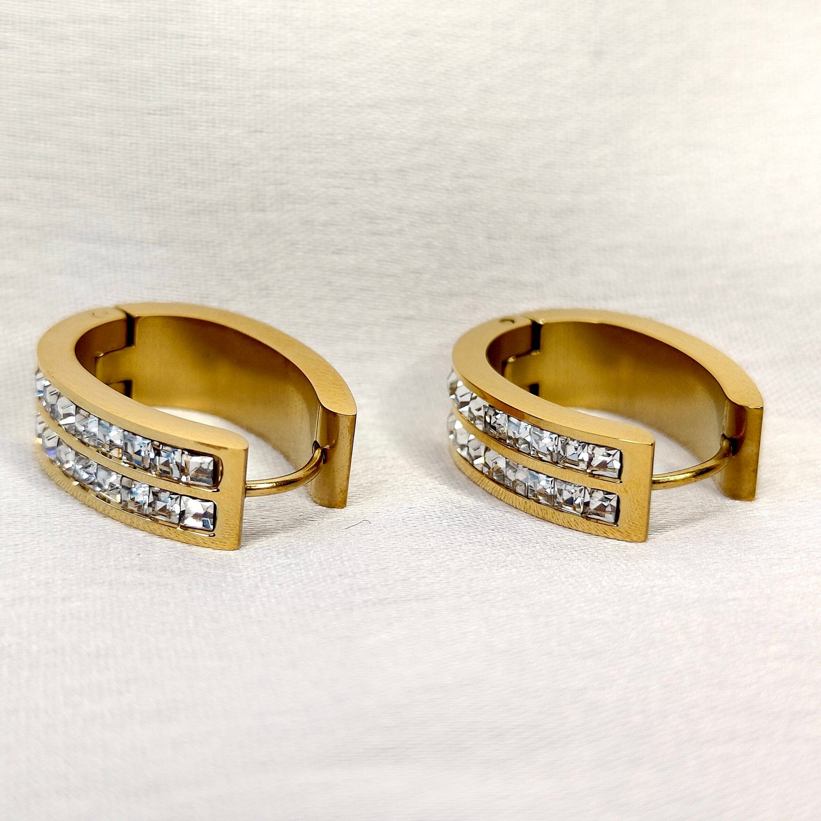 Gold-Tone Stainless Steel Hoop Earrings with Double Row Crystals-back