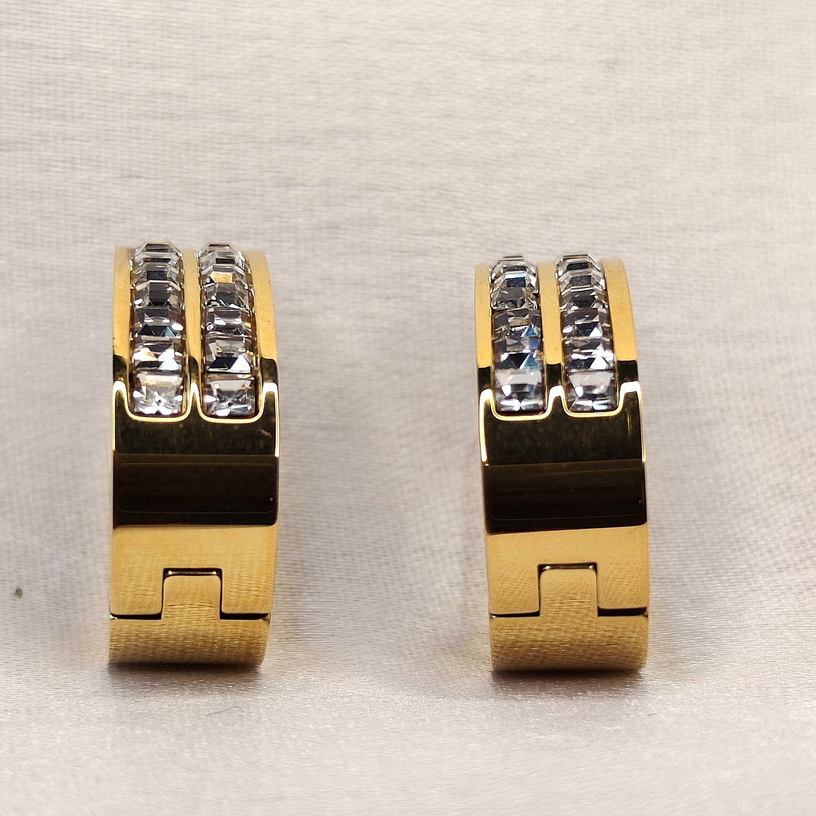 Gold-Tone Stainless Steel Hoop Earrings with Double Row Crystals-side