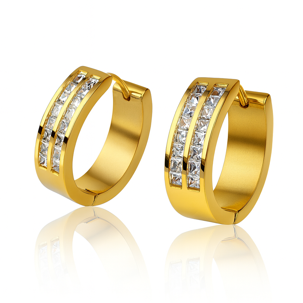 Gold-Tone Stainless Steel Hoop Earrings with Double Row Crystals