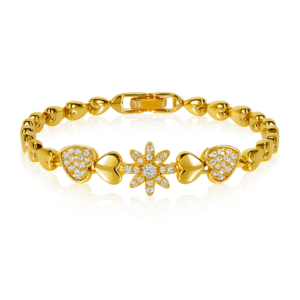 Jevaya 18K Gold Plated Cuban Heart Chain Crystal Studded Flower Heart Bracelet