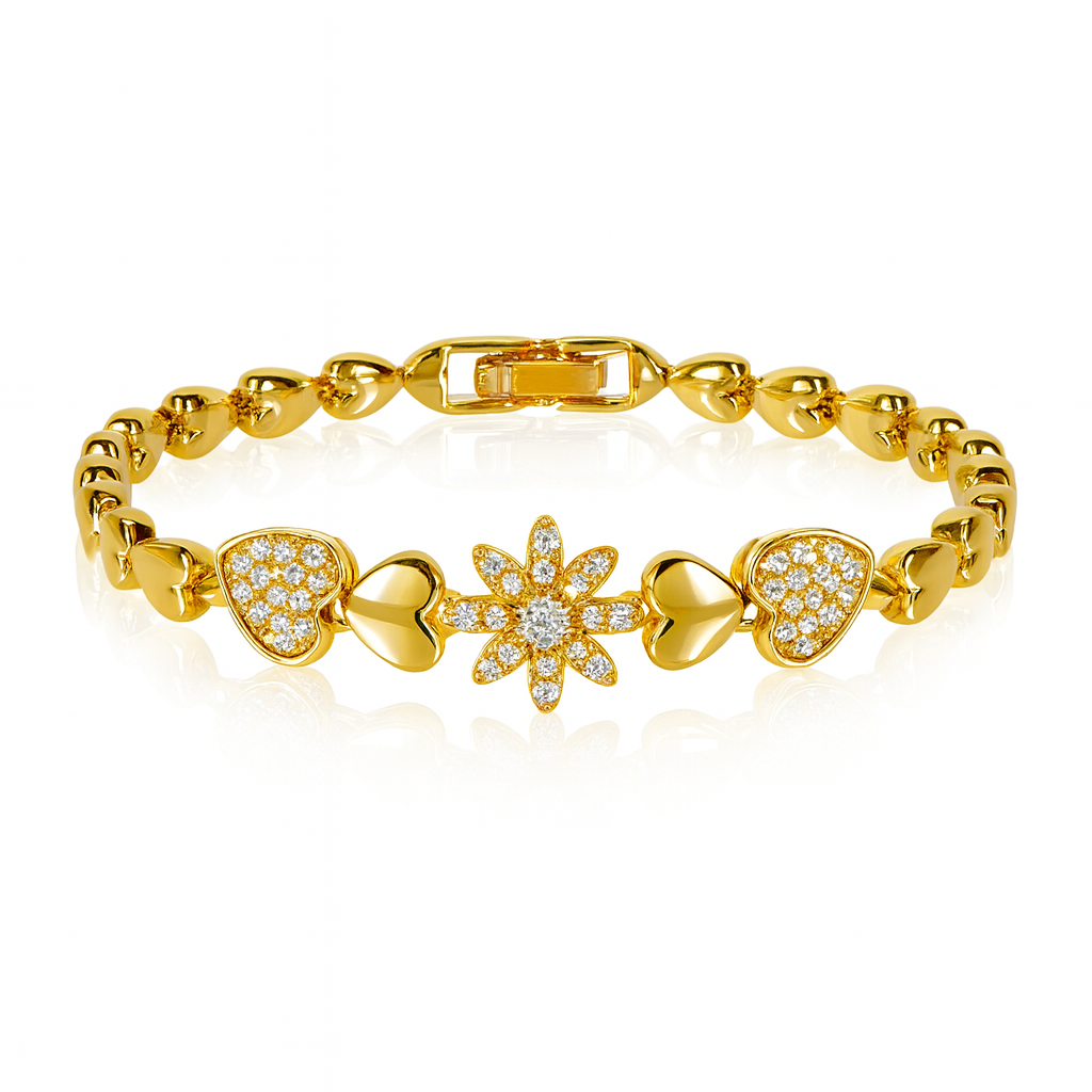 Jevaya 18K Gold Plated Cuban Heart Chain Crystal Studded Flower Heart Bracelet