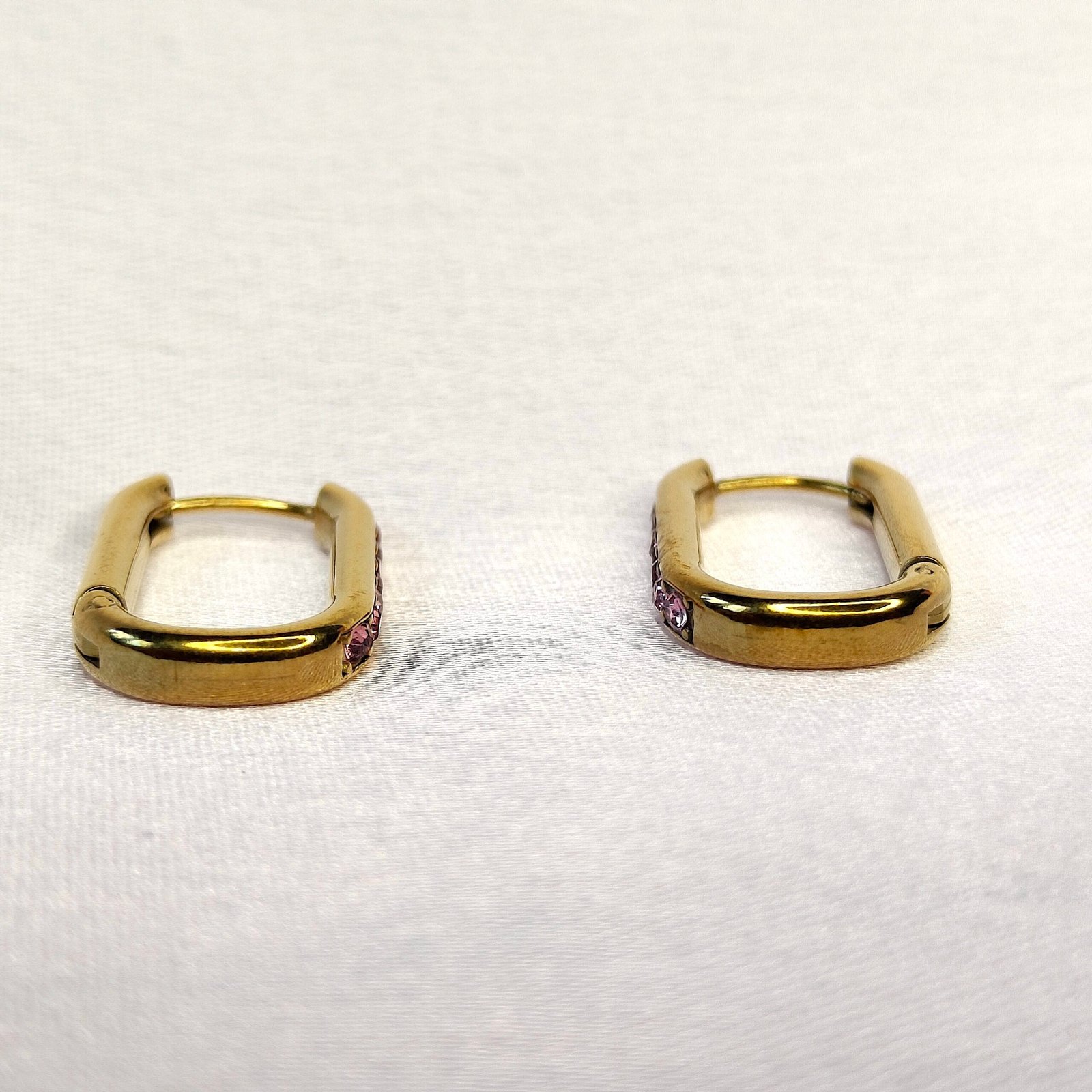 Gold Plated Anti-Tarnish Hoop Earrings with Pink Crystals – front