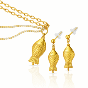 Gold-Tone Fish Pendant Necklace with Dual Chains – Rhinestone & Link Chain Layered Design – Anti-Tarnish Women’s Jewelry