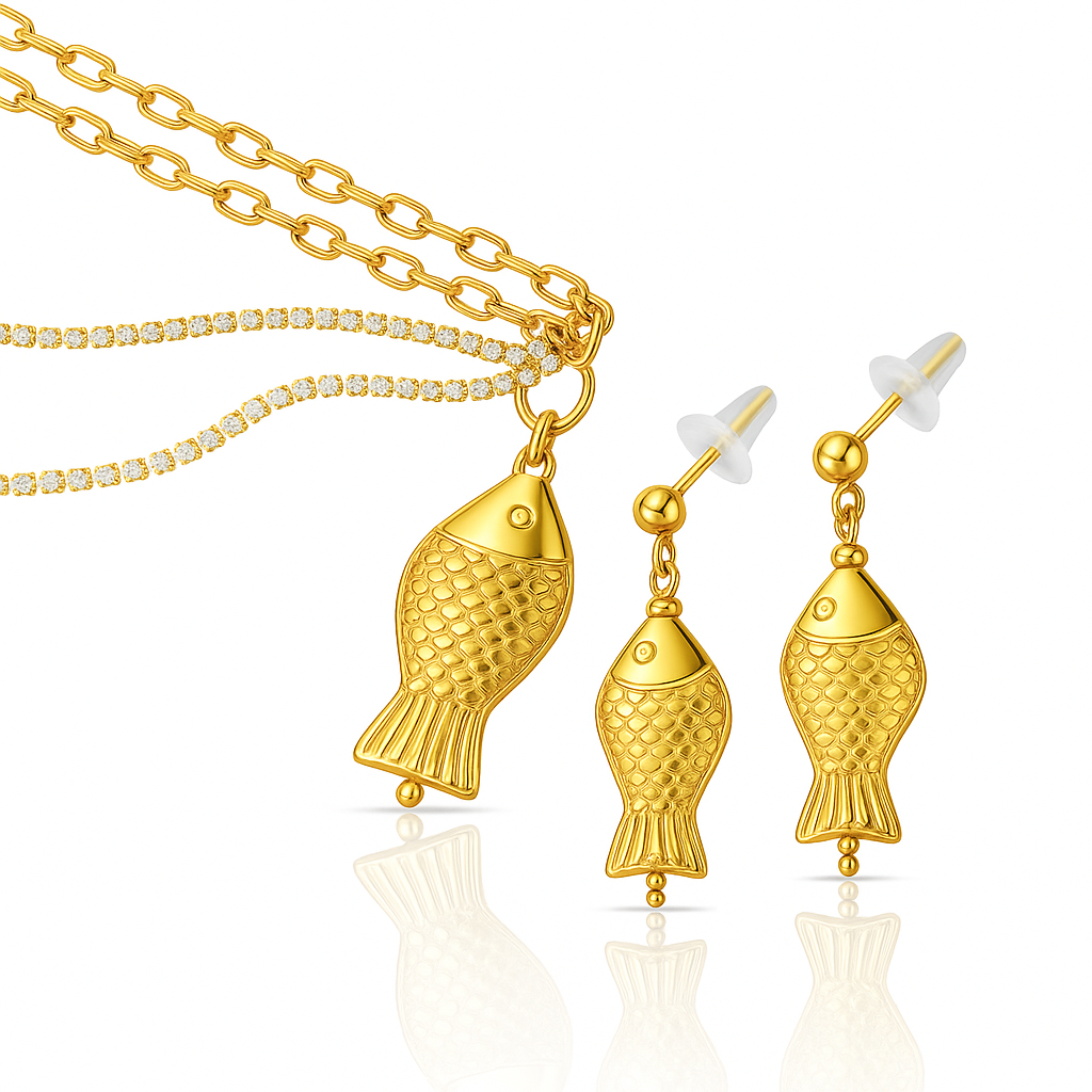 Gold-Tone Fish Pendant Necklace with Dual Chains – Rhinestone & Link Chain Layered Design – Anti-Tarnish Women’s Jewelry