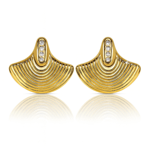 Jevaya 18K Gold plated Fan Shaped Stud Earrings for Women with Rhinestone Accents – Elegant Anti-Tarnish Statement Jewelry