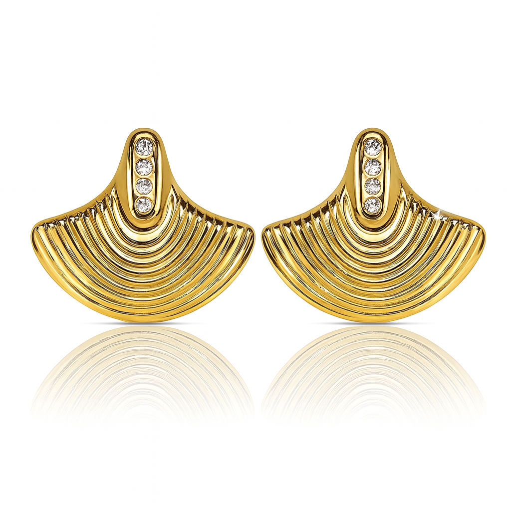 Jevaya 18K Gold plated Fan Shaped Stud Earrings for Women with Rhinestone Accents – Elegant Anti-Tarnish Statement Jewelry