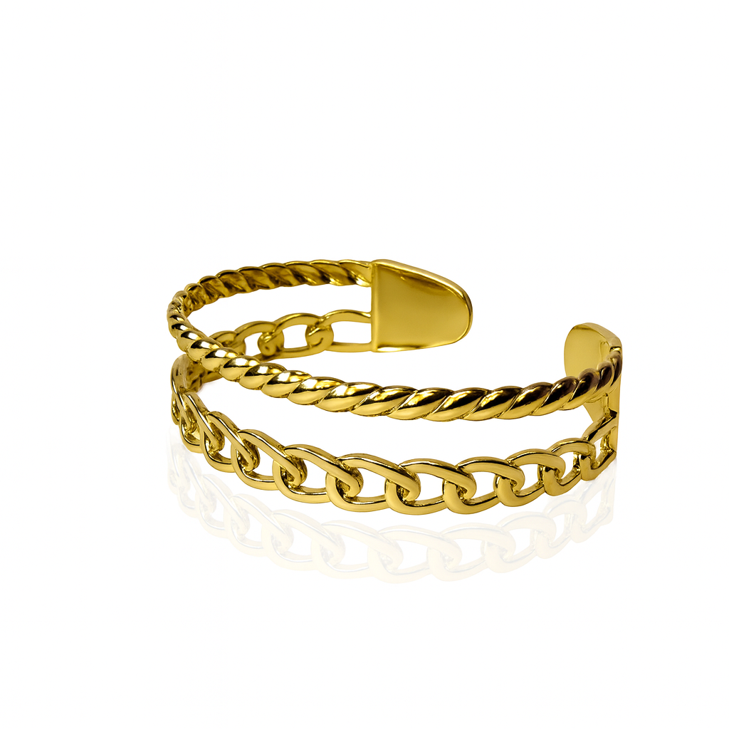 Jevaya Anti-Tarnish 18K Gold Plated Chain & Twist Open Cuff Bracelet – Adjustable, Hypoallergenic, Fashion Jewelry