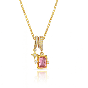 Jevaya Gold-Tone Necklace with Pink Crystal Pendant & CZ Accents – Anti-Tarnish Women’s Jewelry
