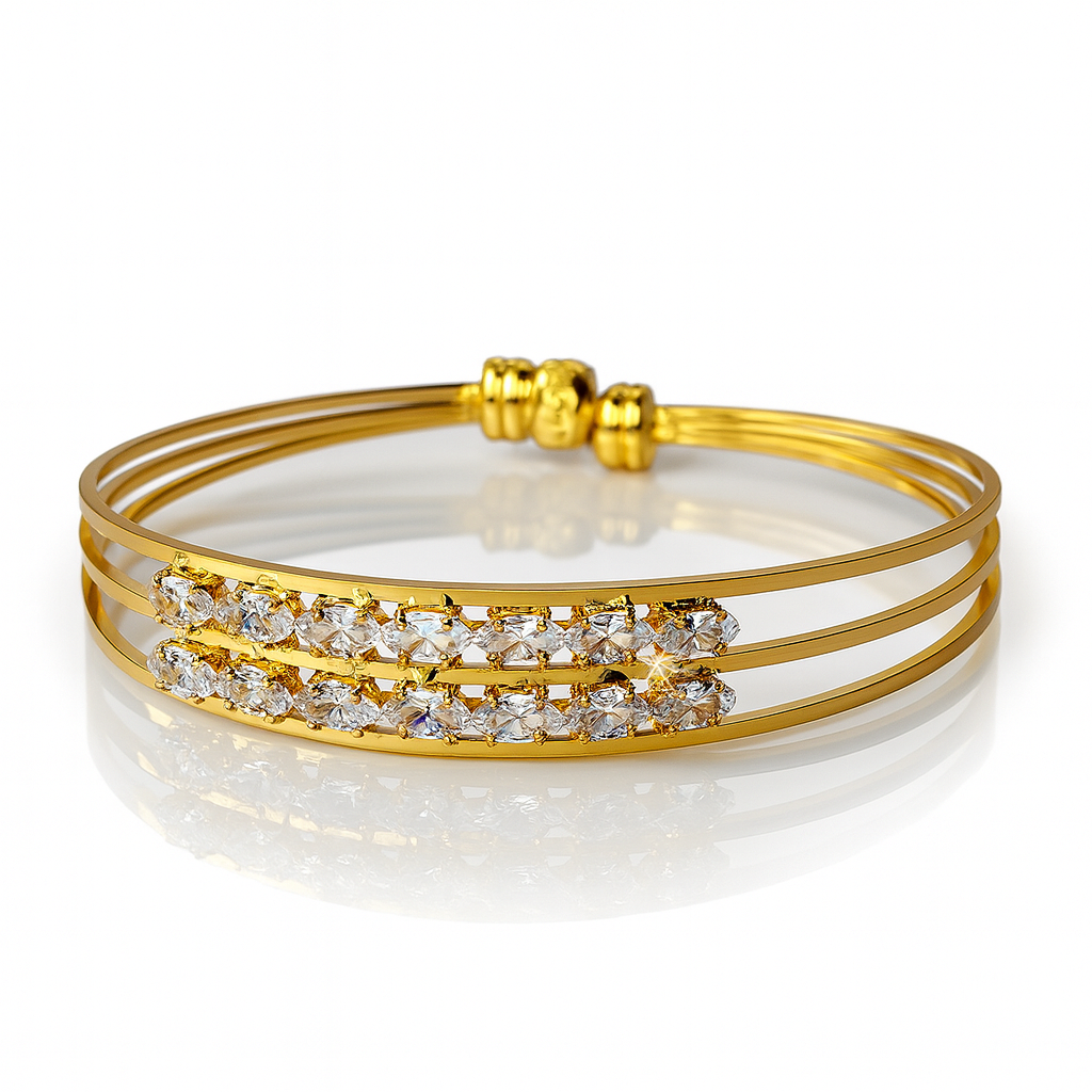 Triple Layer Stainless Steel Gold-Toned Anti-Tarnish Bracelet with Marquise-Cut CZ Stones – Elegant Adjustable Bangle for Women