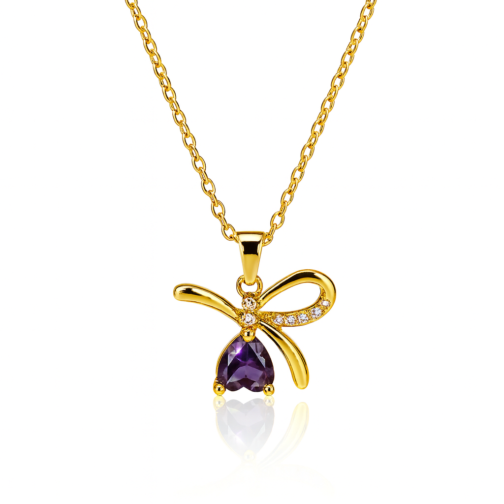 18K Gold Plated Bow Pendant Necklace with Purple Teardrop Gemstone