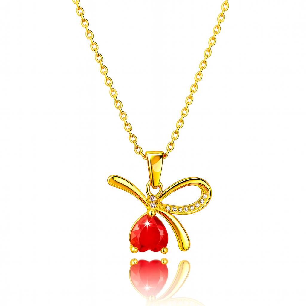 18K Gold Plated Bow Pendant Necklace with Red Teardrop Gemstone