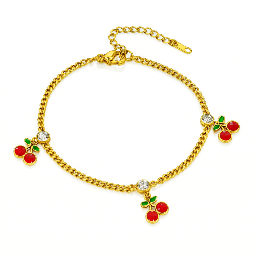 Jevaya Cherry Charm Gold-Plated Anti-Tarnish Bracelet with Cubic Zirconia Accents