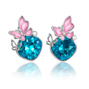Jevaya Blue Crystal Butterfly Stud Earrings with Pearl Accents