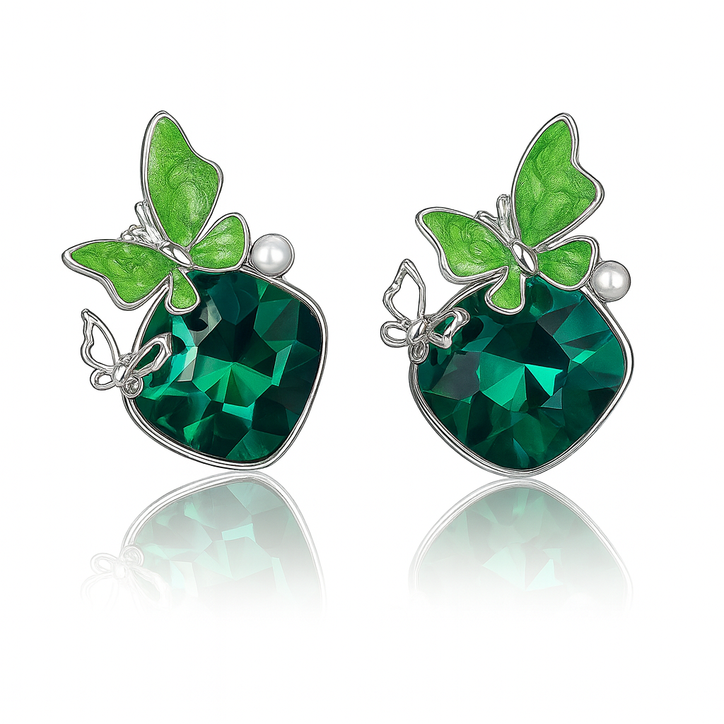 Jevaya Emerald Green Crystal Butterfly Stud Earrings with Pearl Accents