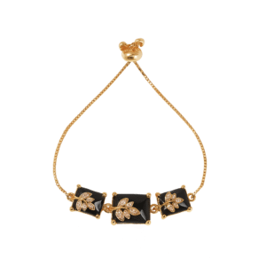 Jevaya Elegant Black & Gold Adjustable Bracelet with Floral Zircon Detailing