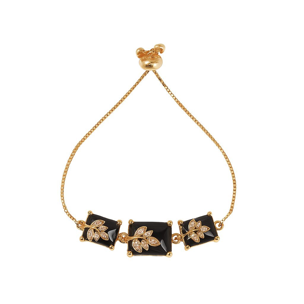 Jevaya Elegant Black & Gold Adjustable Bracelet with Floral Zircon Detailing
