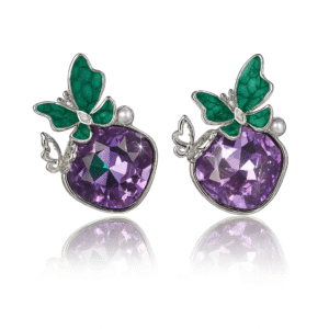 Jevaya Amethyst Purple Crystal Butterfly Stud Earrings with Green Enamel Accents