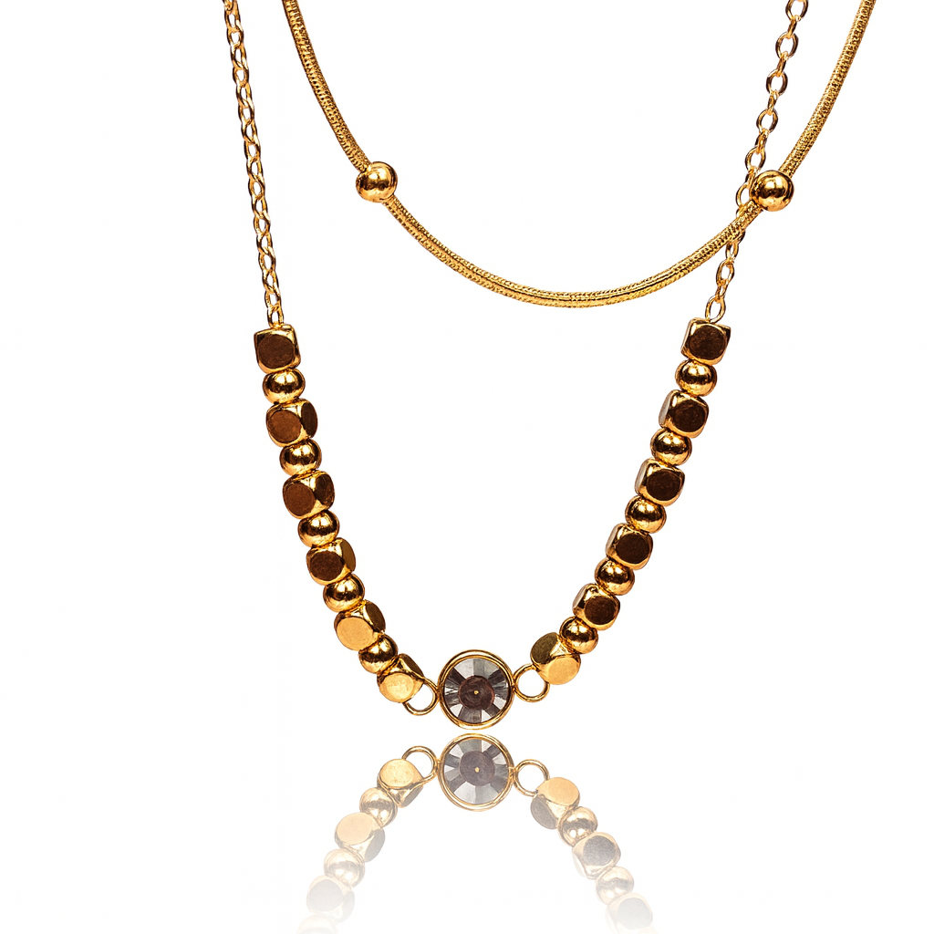 Elegant 18K Gold Plated Double Layer Beaded Necklace with Crystal Pendant – Anti-Tarnish Jewelry hifglighted