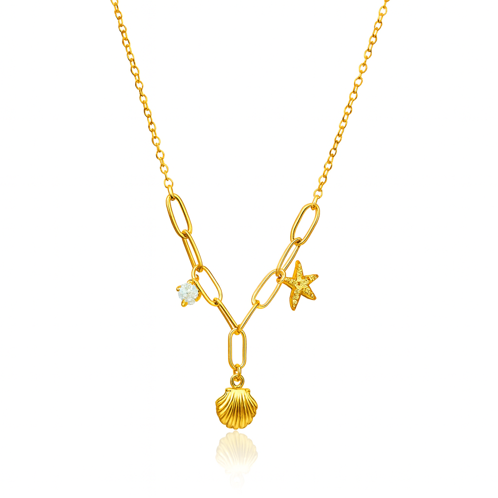 Elegant 18K Gold Plated Seashell & Starfish Charm Necklace – Anti-Tarnish Beach Jewelry