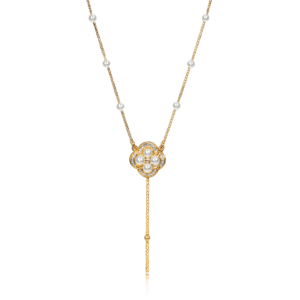 Elegant Gold-Plated Pearl Floral Pendant Necklace – Adjustable Lariat Design for Women