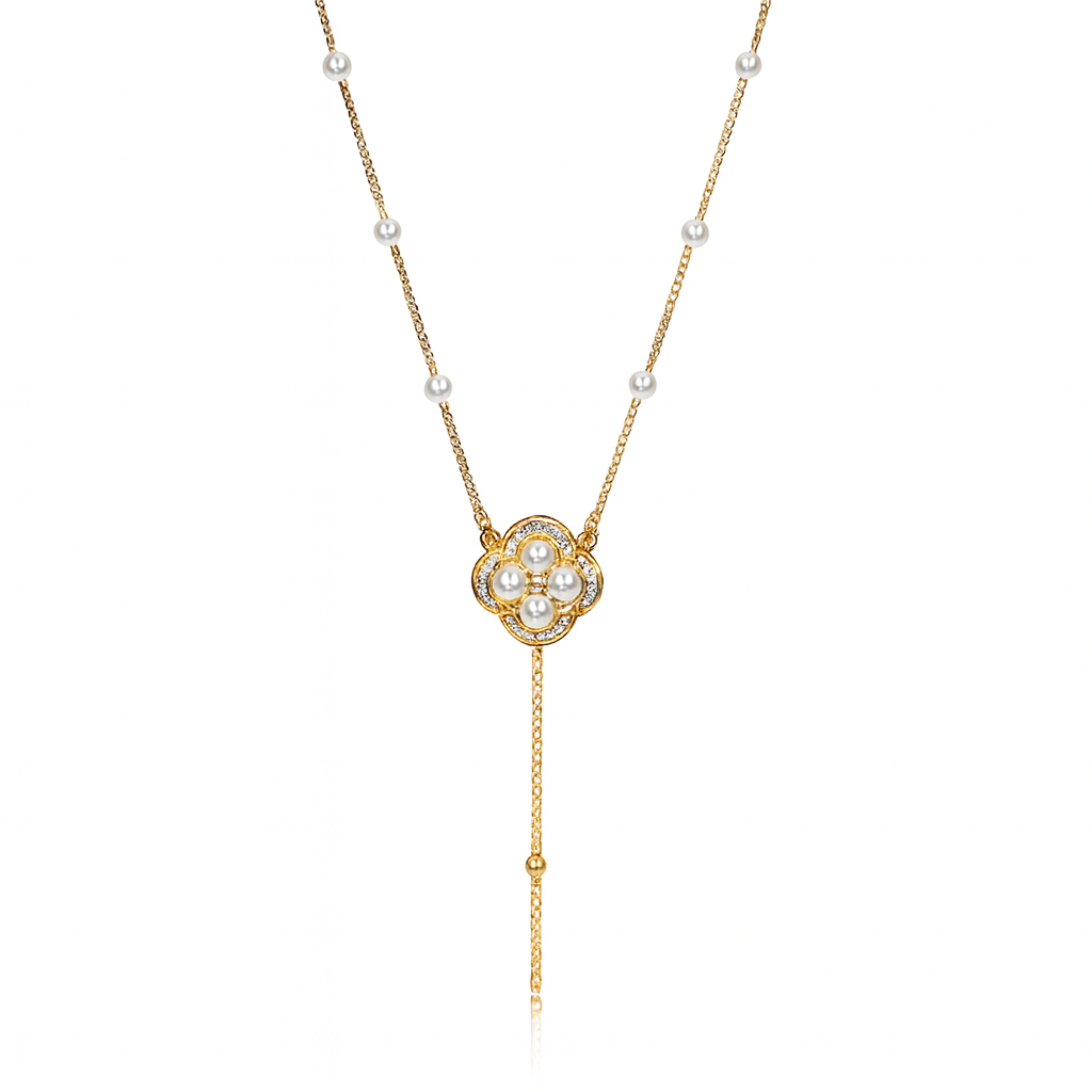 Elegant Gold-Plated Pearl Floral Pendant Necklace – Adjustable Lariat Design for Women