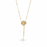 Gold-Plated Floral Pearl Pendant Necklace with CZ Accents – Elegant Lariat Design for Women