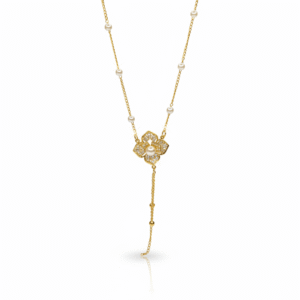 Gold-Plated Floral Pearl Pendant Necklace with CZ Accents – Elegant Lariat Design for Women