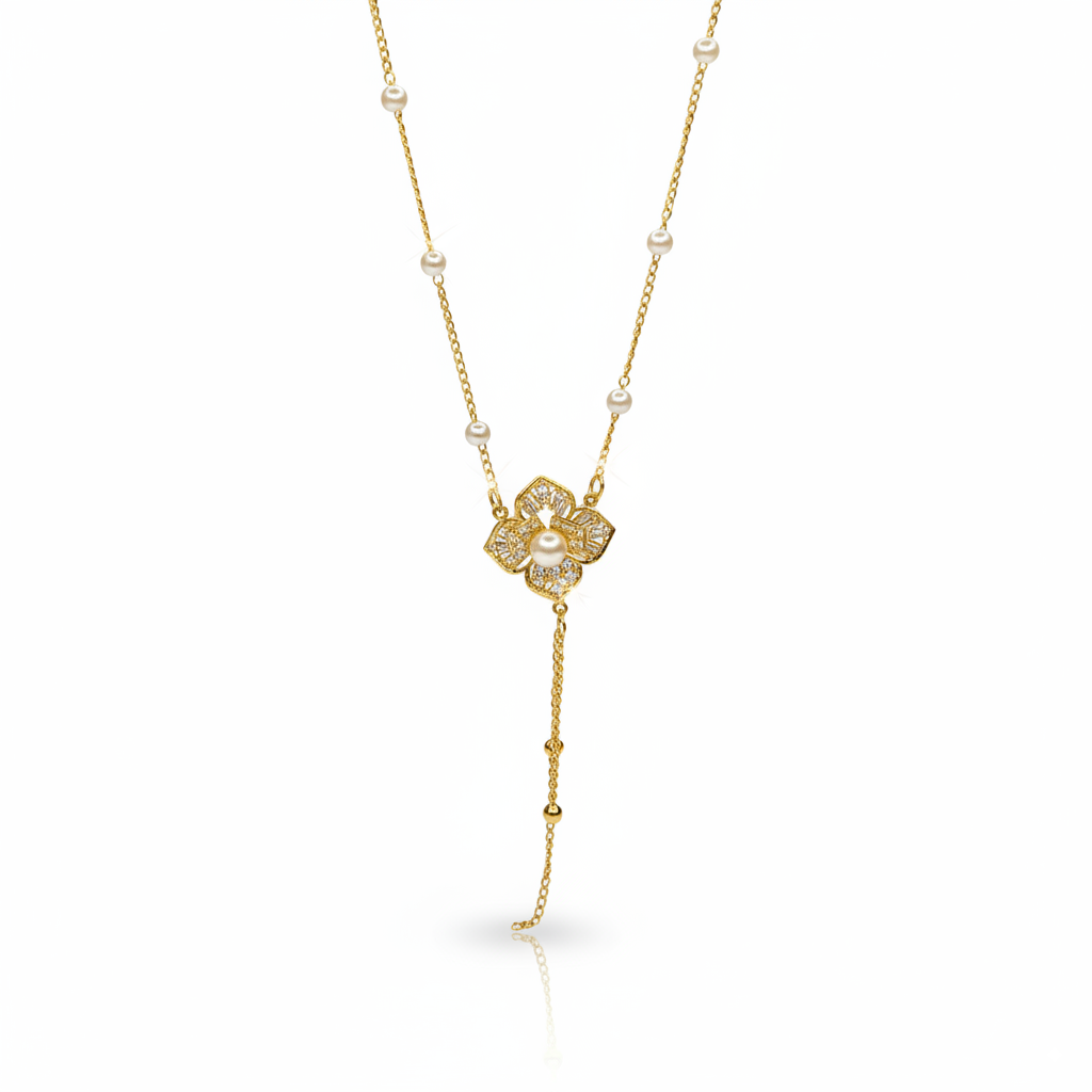 Gold-Plated Floral Pearl Pendant Necklace with CZ Accents – Elegant Lariat Design for Women