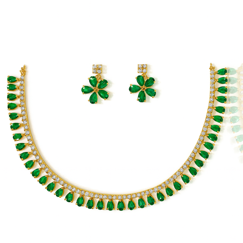Gold-Plated Green Stone Necklace Set with Earrings – Party & Wedding Jewelry for Women