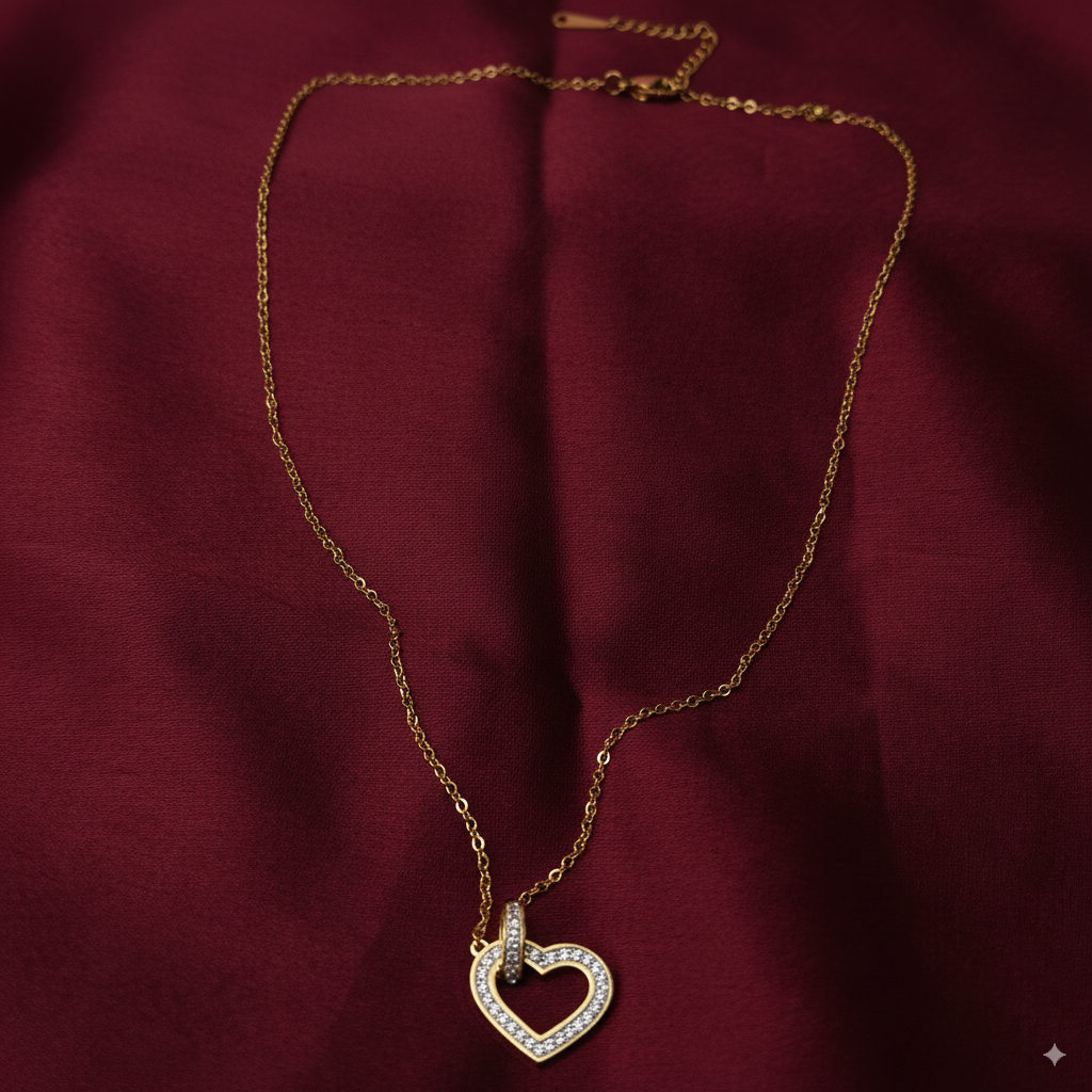 Gold-Plated Heart Pendant Necklace with CZ Stones – Elegant Adjustable Chain for Women