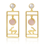 Gold-Plated Rectangular Reindeer Earrings with Natural Stone - Light Pink