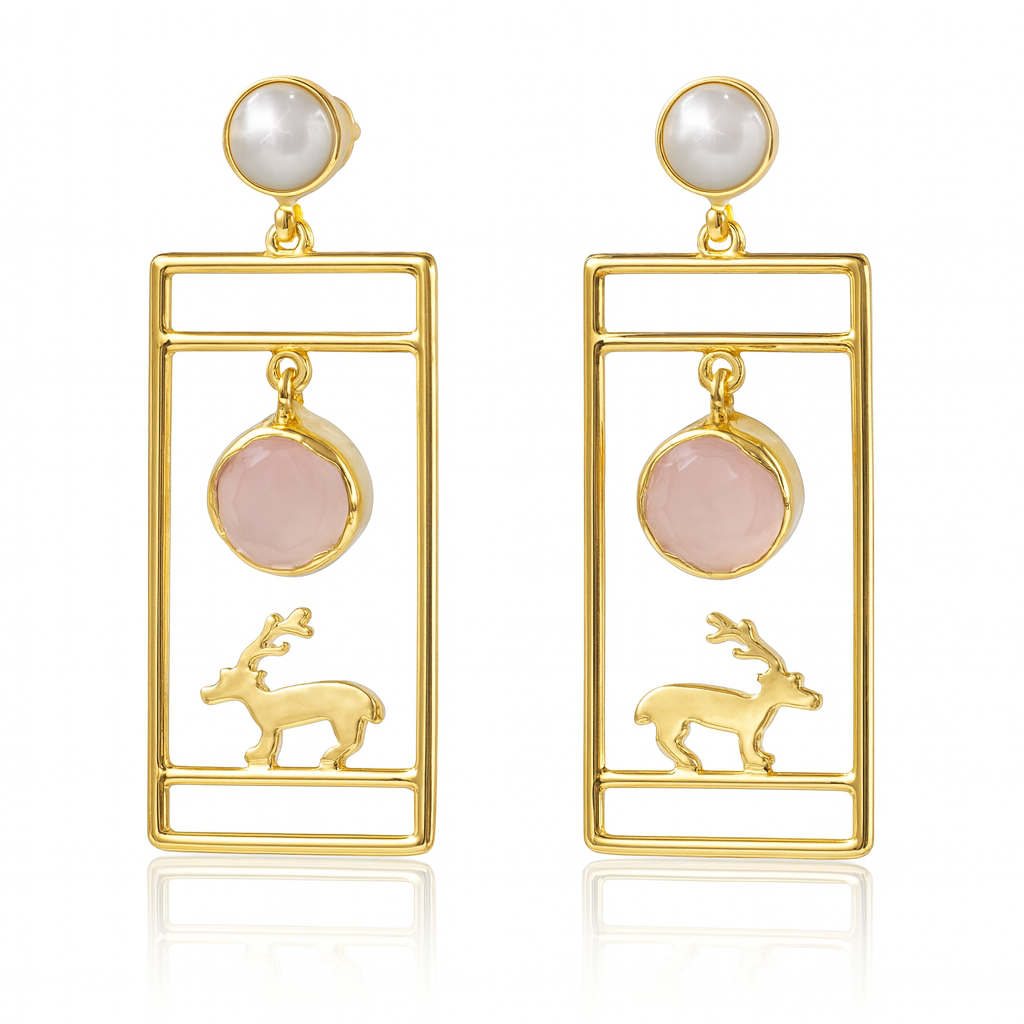 Gold-Plated Rectangular Reindeer Earrings with Natural Stone - Light Pink