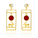 Gold-Plated Rectangle Reindeer Earrings with Pearl Stud Red