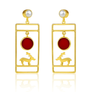 Gold-Plated Rectangle Reindeer Earrings with Pearl Stud Red