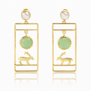 Gold-Plated Rectangular Reindeer Earrings with Natural Stone - Light Green