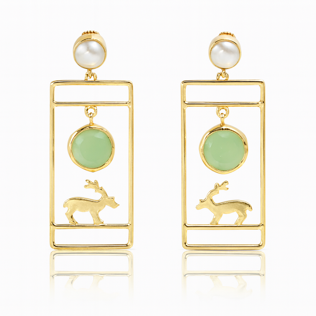 Gold-Plated Rectangular Reindeer Earrings with Natural Stone - Light Green