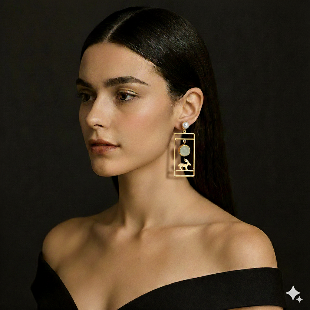 Gold-Plated Rectangular Reindeer Earrings with Natural Stone - Light Green