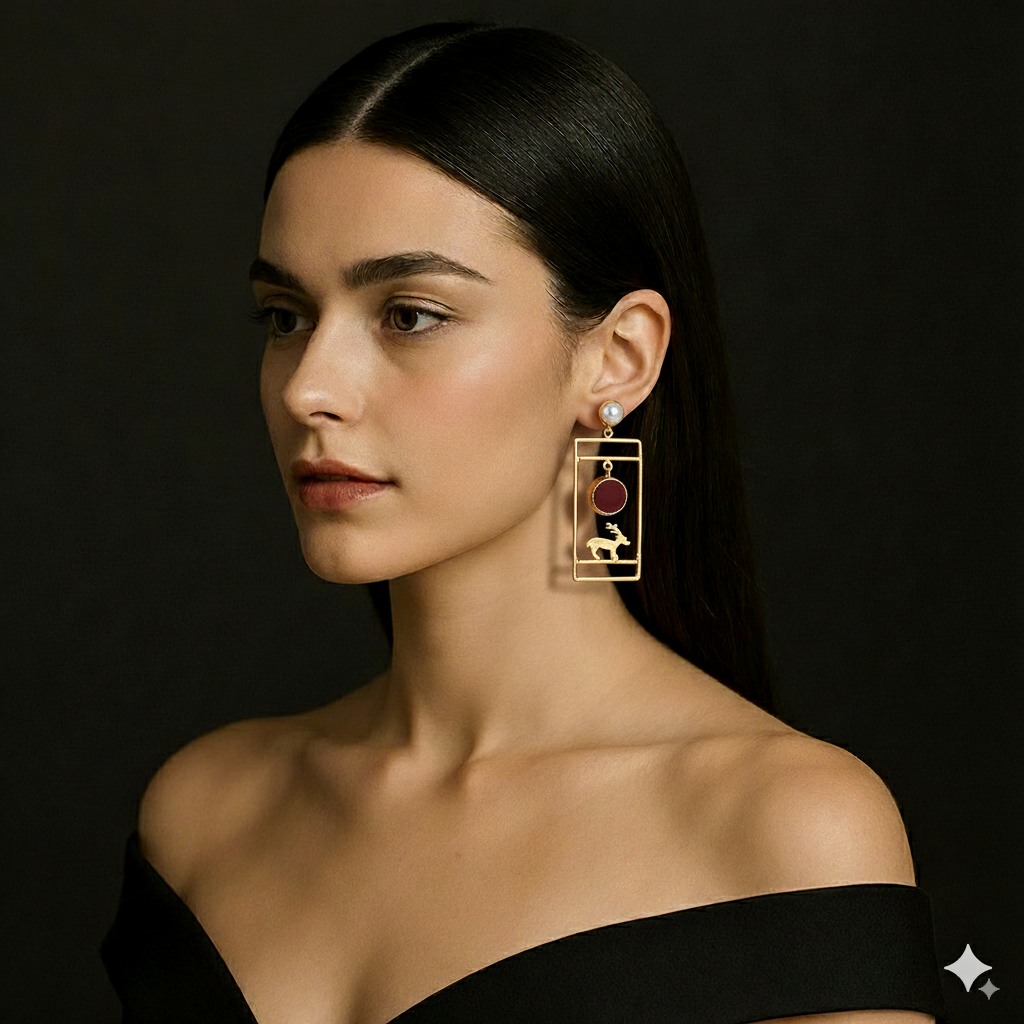 Gold-Plated Rectangular Reindeer Earrings with Natural Stone - model