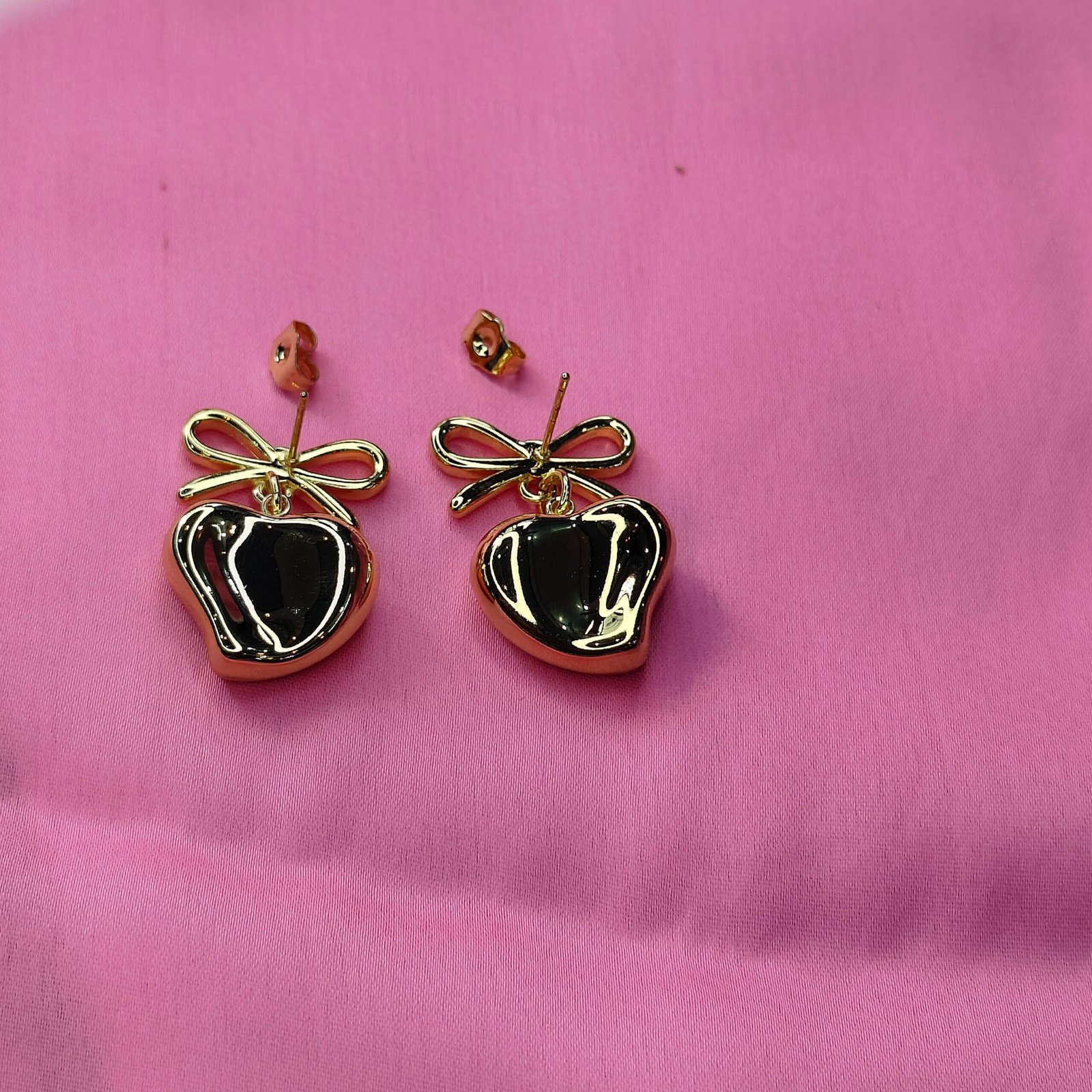 Jevaya 18K Gold-Tone Heart Drop Earrings with Bow Design - Image 3