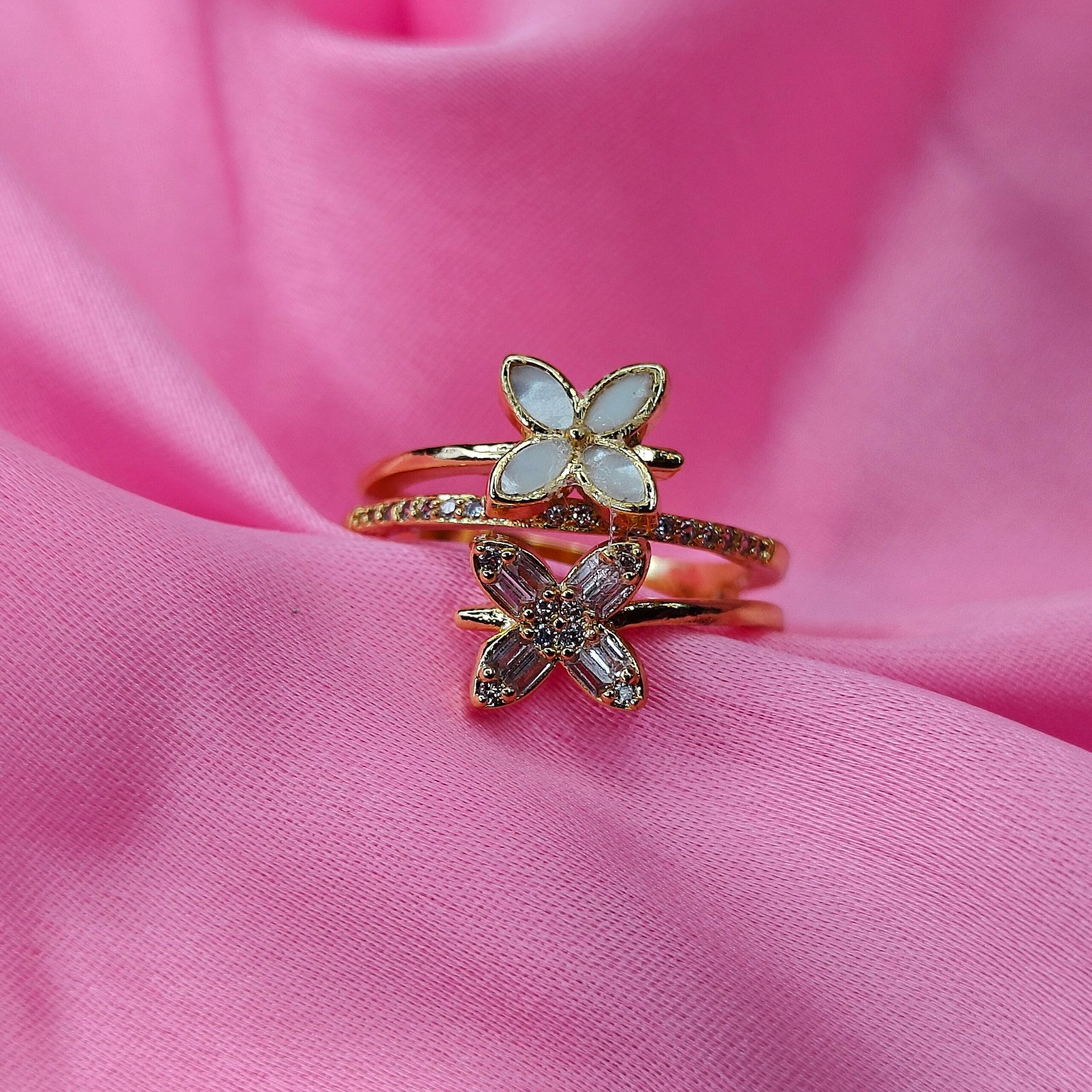Jevaya Elegant Floral Double Ring – Gold-Plated with Crystal Detailing - Image 3