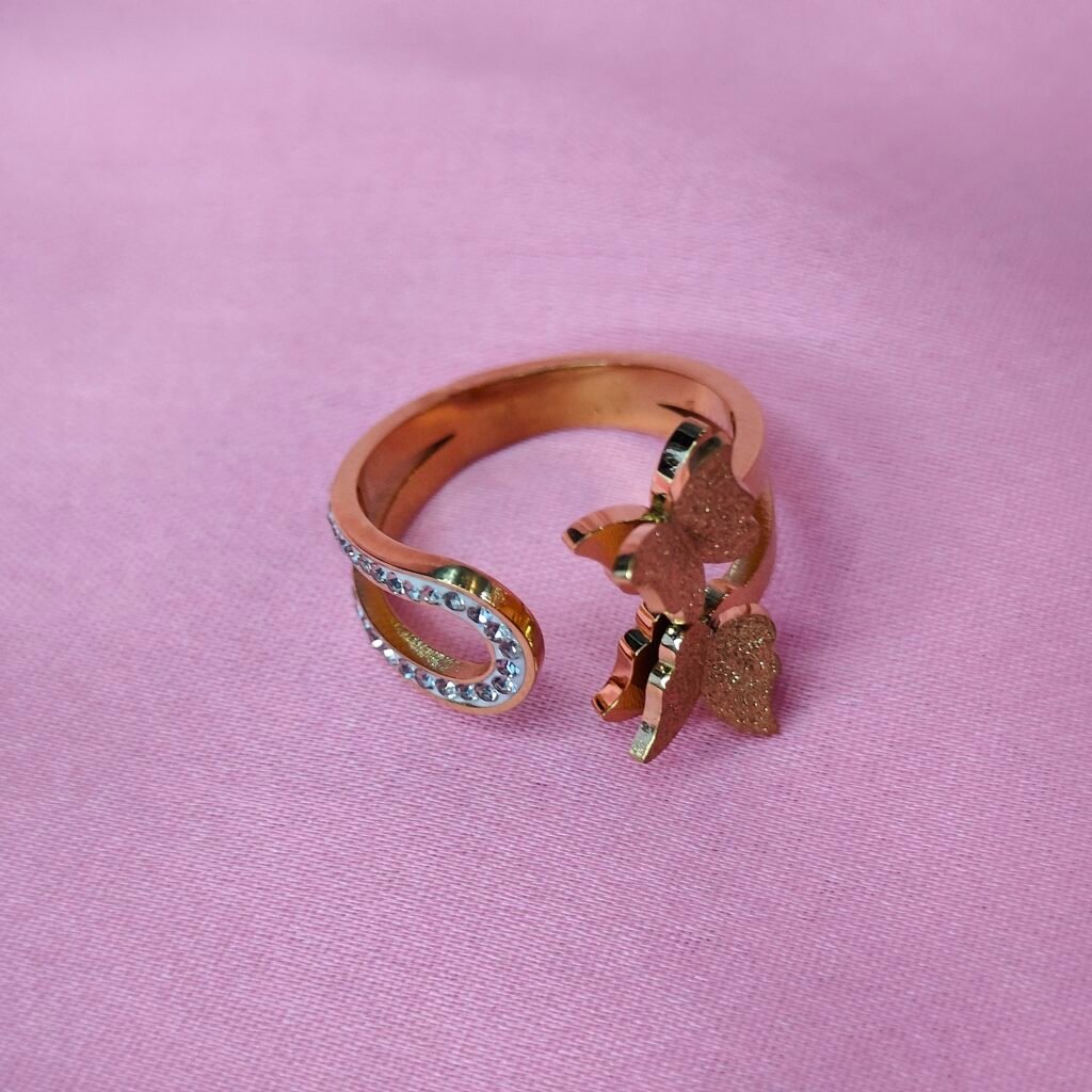 Jevaya Gold Plated Open Band Butterfly Ring with Crystal Accents – Adjustable Fashion Jewellery