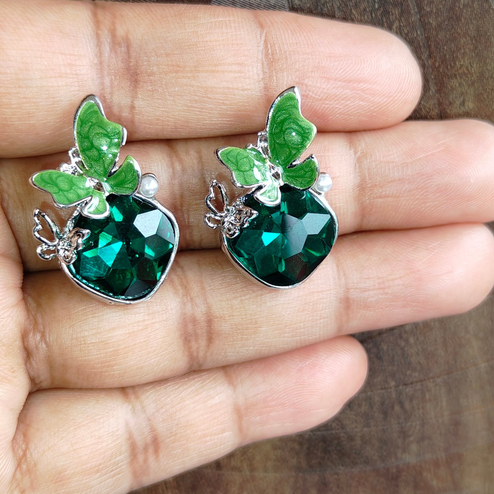 Jevaya Emerald Green Crystal Butterfly Stud Earrings with Pearl Accents - Image 4