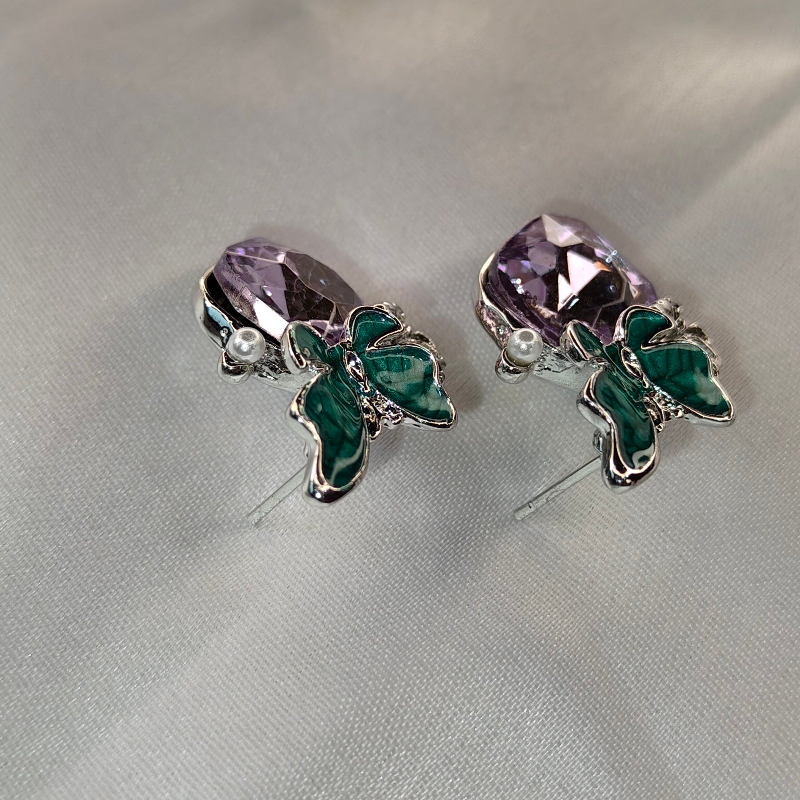 Jevaya Amethyst Purple Crystal Butterfly Stud Earrings with Green Enamel Accents - Image 3