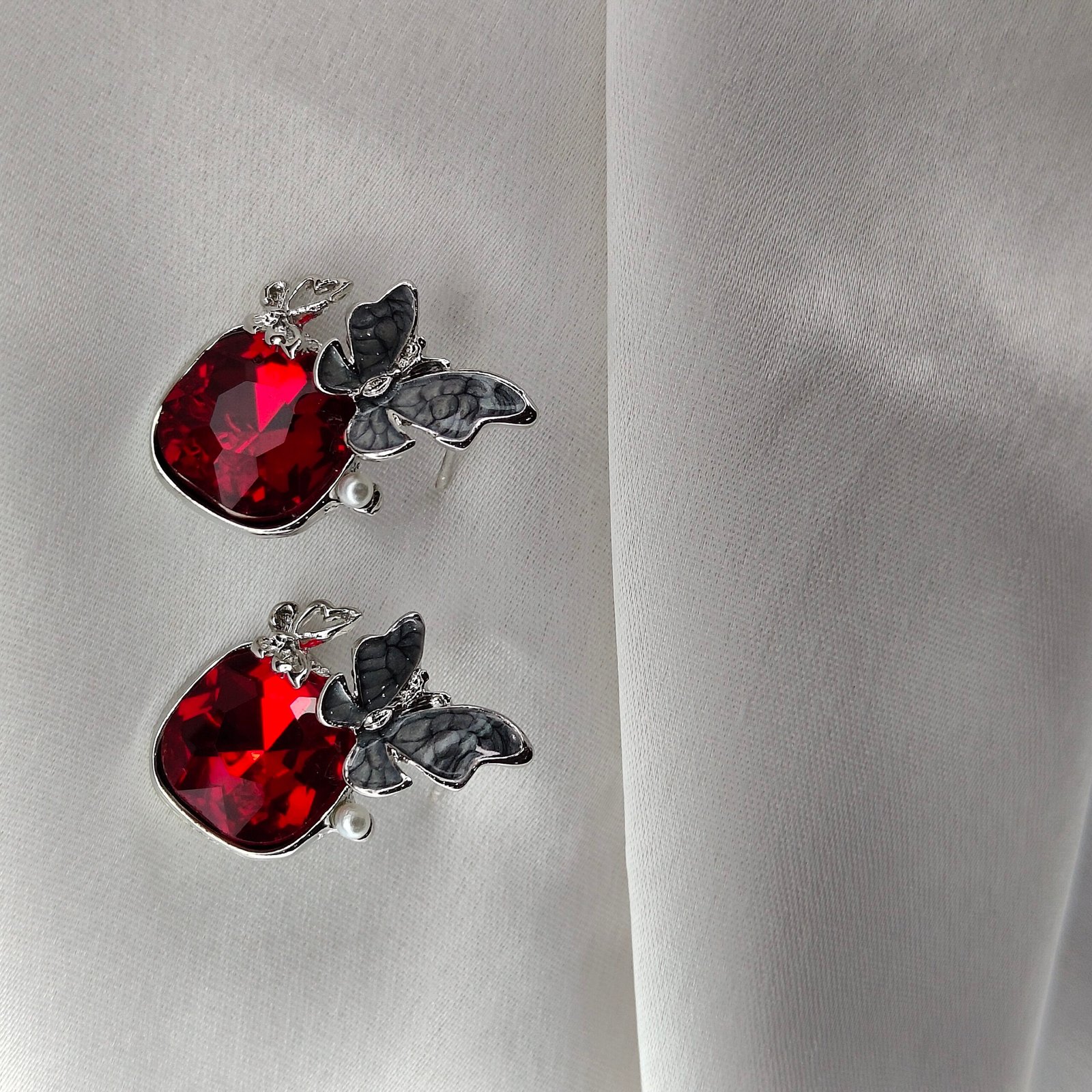 Jevaya Ruby Red Butterfly Stud Earrings with Silver Accents - Image 4